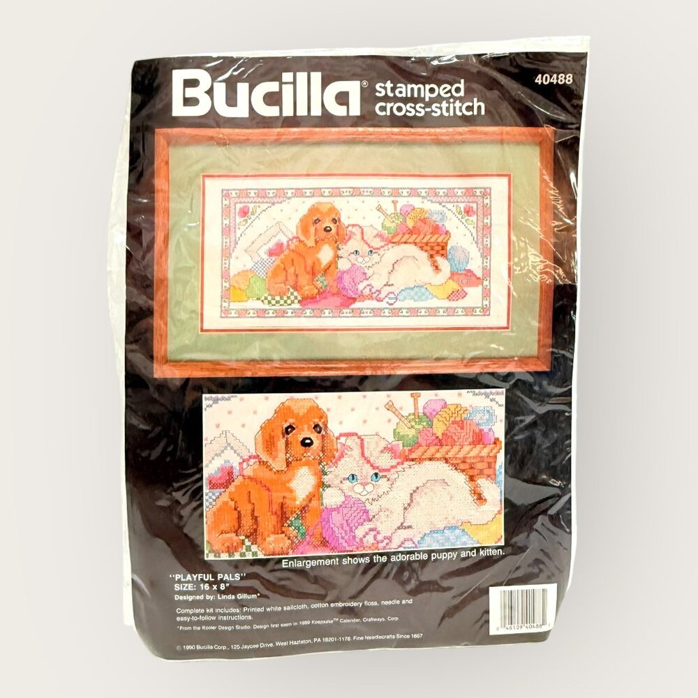 Vintage Bucilla Stamped Cross Stitch Kit Playful Pals 16 x 8 Puppy Kitten Yarn